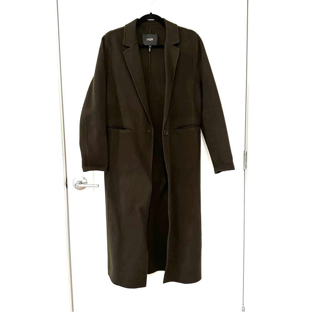 MAJE Galaxie Long Wool Blend Coat Size 40 Dark Olive Green - Picture 4 of 11